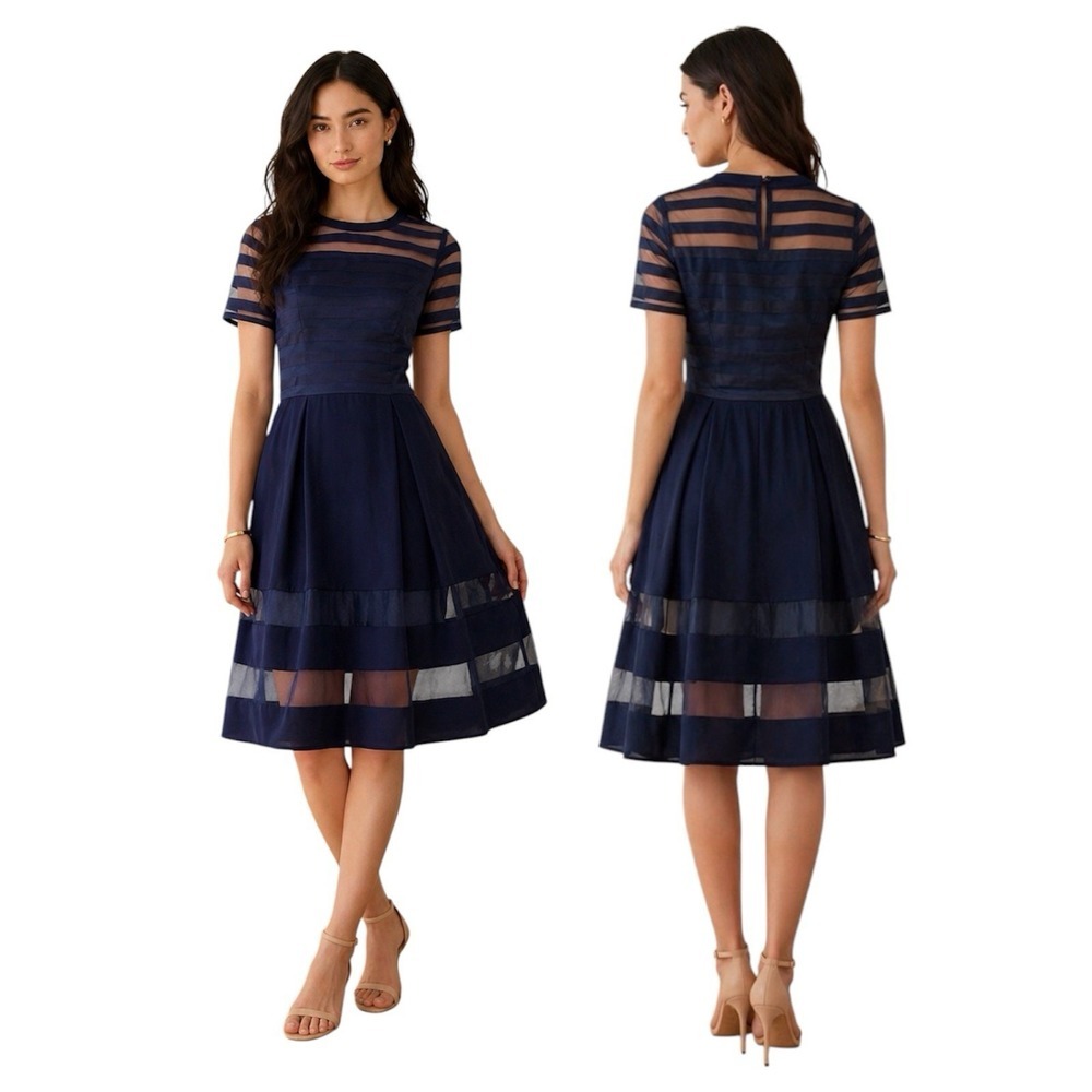 Elliatt Navy Blue Fit & Flare Sheer Stripe Cocktail Wedding Guest Dress Sz S
